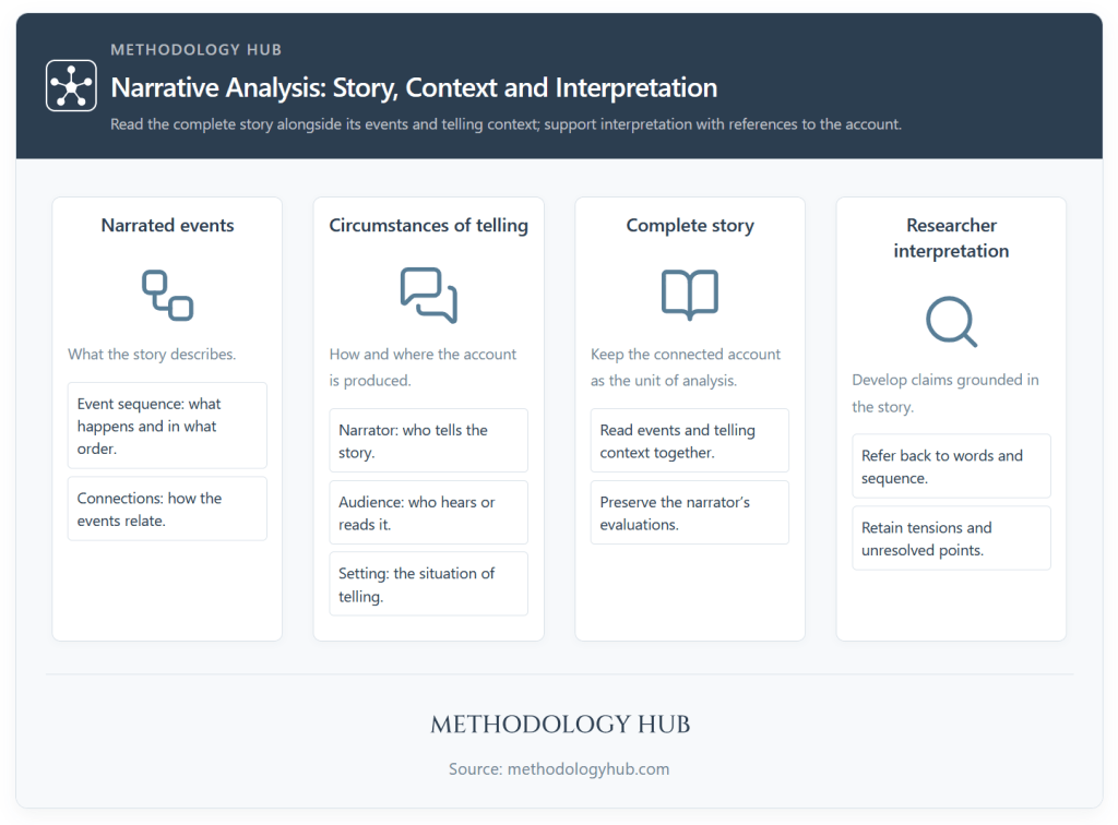 Narrative analysis overview relating narrated events, narrator, audience and setting to a complete story and researcher interpretation.