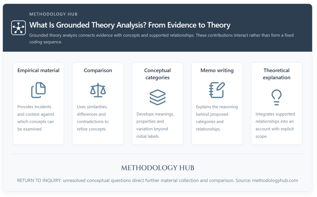 Grounded theory analysis overview connecting empirical material, comparison, conceptual categories, memos and theoretical explanation.