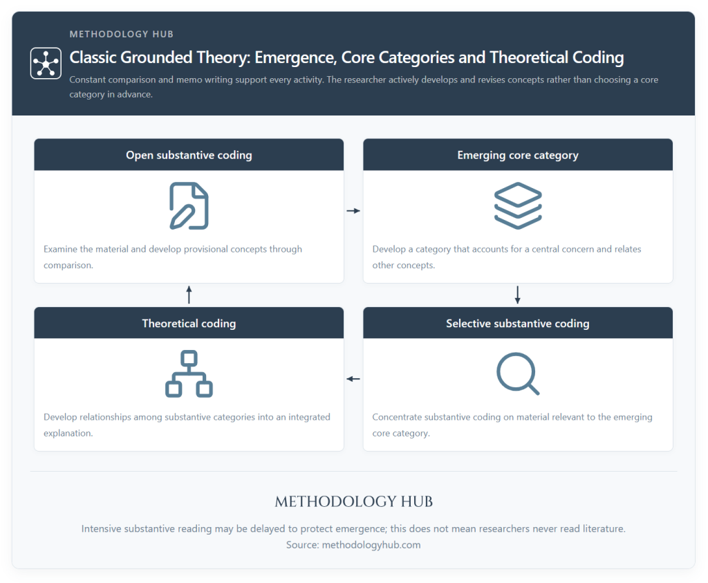 Classic Glaserian grounded theory guide showing open and selective substantive coding, an emerging core category and theoretical coding supported by comparison and memos.