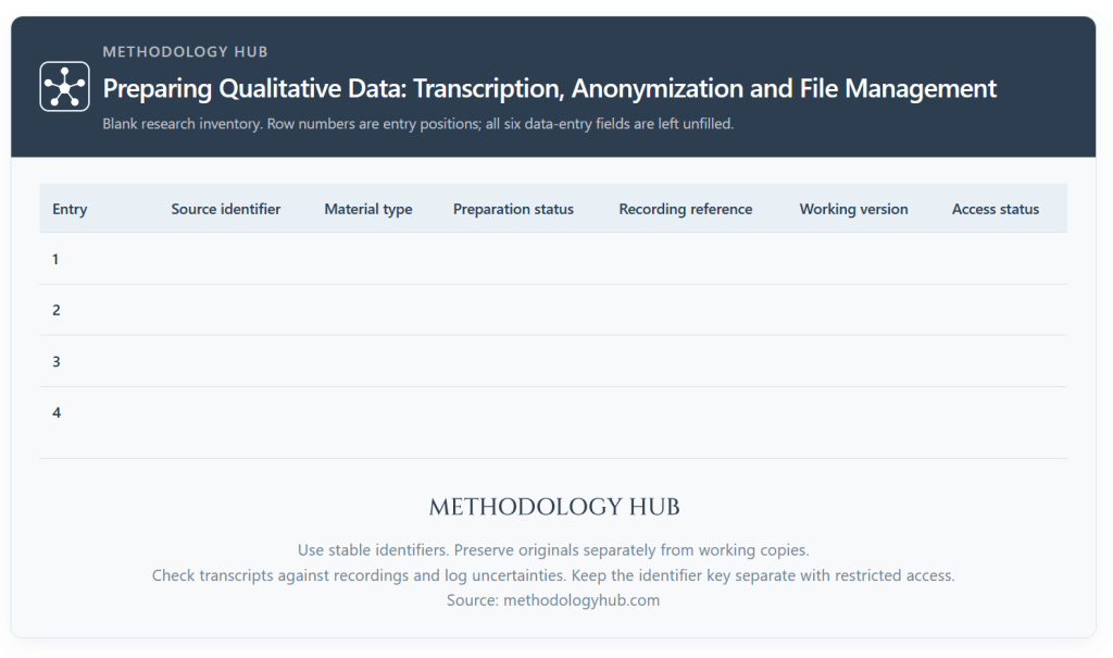 Qualitative data preparation template covering source identifiers, transcription checks, anonymization, working versions and access arrangements.