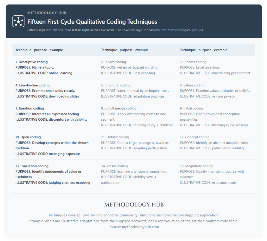 Reference guide to all fifteen first-cycle qualitative coding techniques, with each technique’s purpose and an example code.