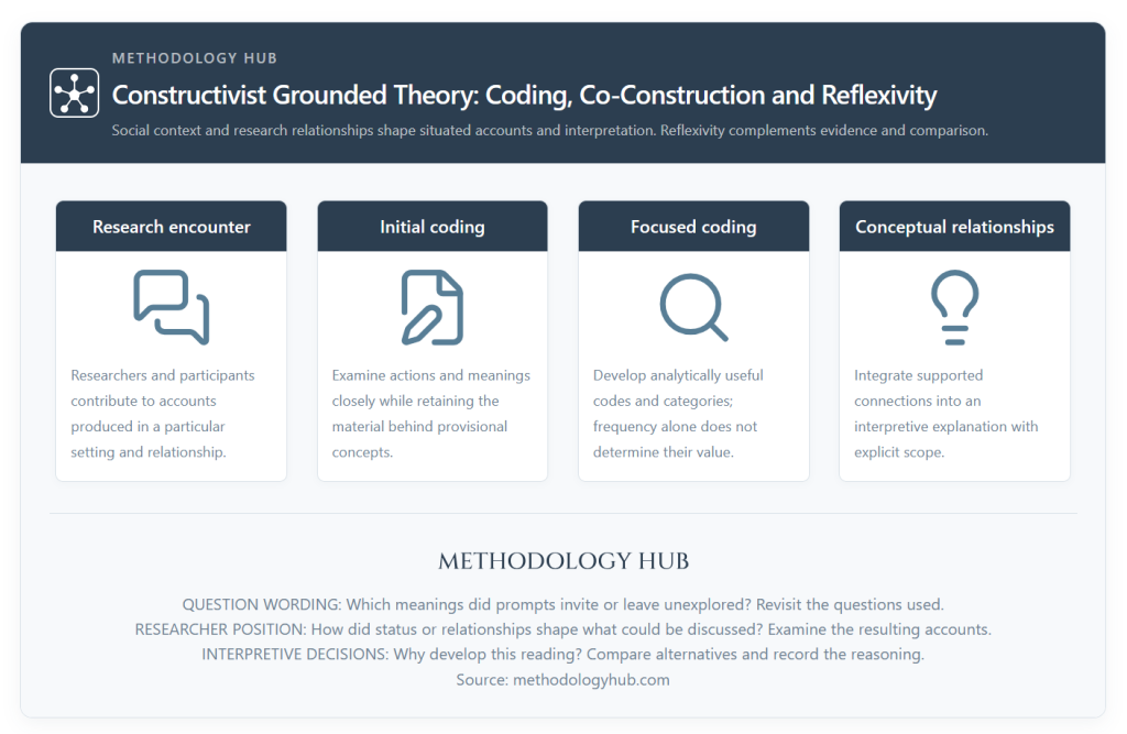 Constructivist grounded theory diagram linking situated accounts, initial and focused coding, conceptual relationships and three reflexivity questions.