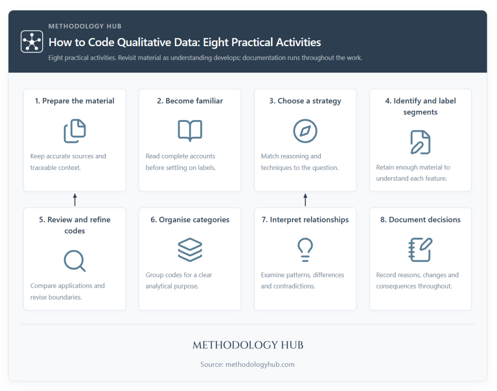 Eight activities for coding qualitative data, from preparing material and labelling segments to refining codes, interpreting relationships and documenting decisions.
