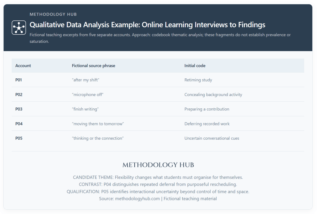 Worked qualitative data analysis example tracing five fictional online-learning interview excerpts through codes to a candidate theme and contrasting evidence.