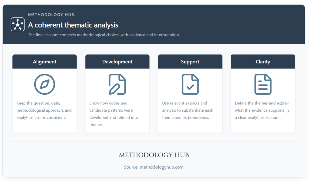 Four qualities of a coherent thematic analysis: alignment, theme development, evidence and clear claims.