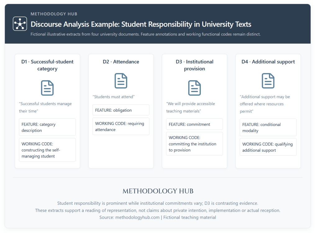 Discourse analysis example comparing four fictional university texts through linguistic features, functional codes and interpretations of responsibility.