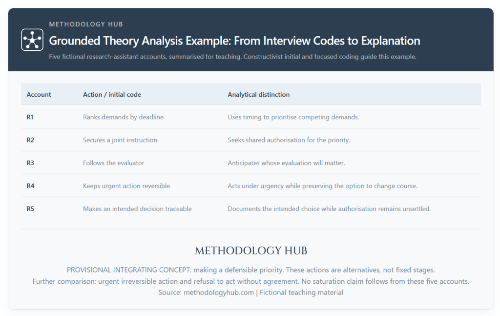 Worked grounded theory analysis example comparing five fictional research-assistant accounts through action codes, categories and a provisional explanation of prioritisation.