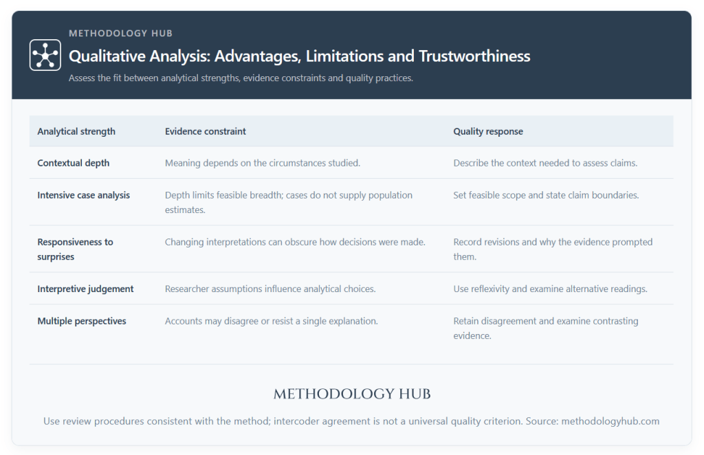Advantages and limitations of qualitative analysis paired with responses that support contextual interpretation, reflexivity and trustworthiness.