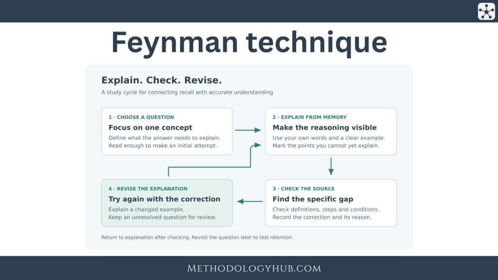 Feynman technique study cycle: choose a concept question, explain from memory, check reasoning against a source, and revise the explanation.