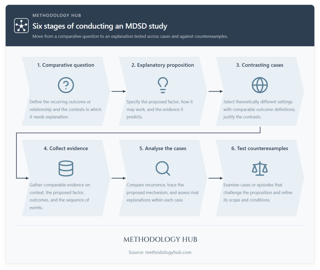 Conducting an Most Different Systems Design study through a comparative question, explanatory proposition, contrasting case selection, evidence collection, analysis and counterexamples