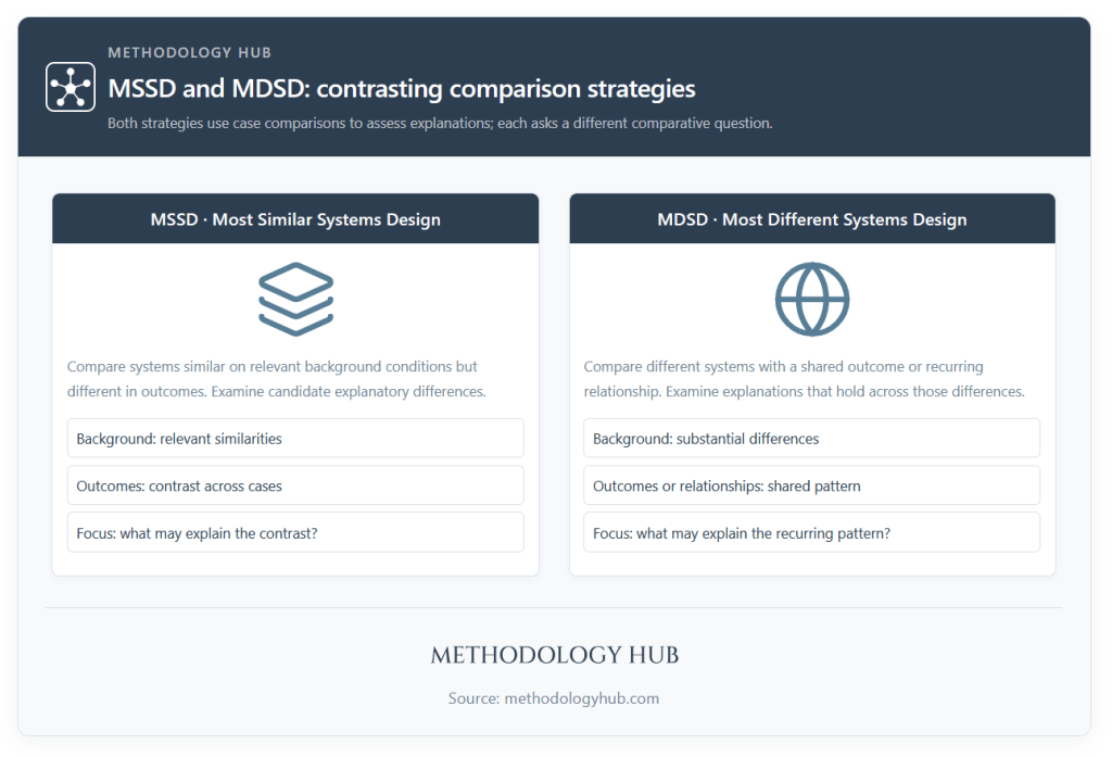 Most Similar Systems Design vs Most Different Systems Design - MSSD examines different outcomes in similar systems, while MDSD examines shared outcomes or relationships across different systems.