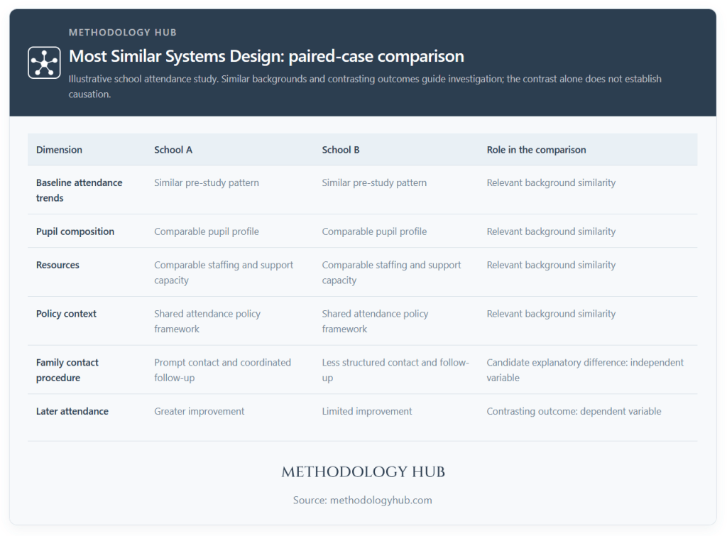 Most Similar Systems Design example - comparing relevant background similarities, explanatory differences and contrasting outcomes across two examples